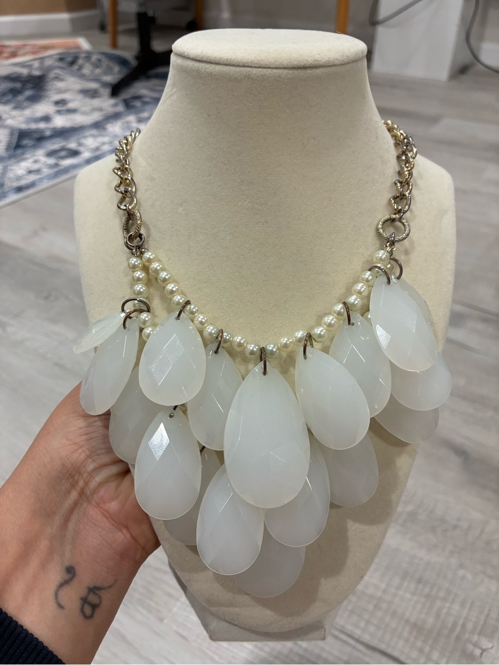 White Teardrop Statement Bib Necklace - Chunky Maximalist
